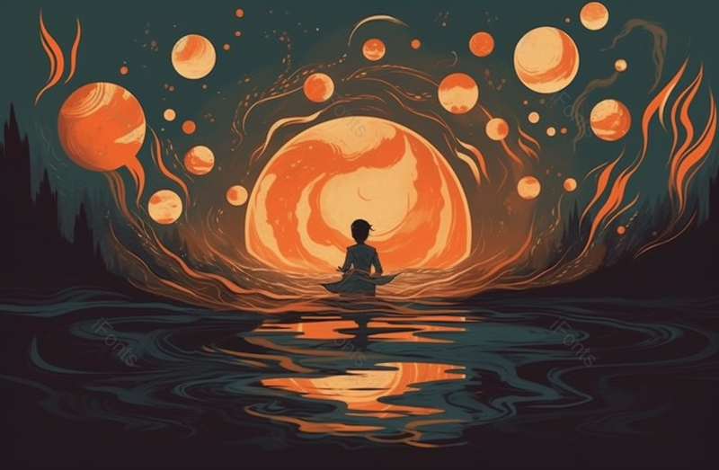 红色的夜晚背景一个男人从水里朝着圆月方向奔去抽象手绘插画,插画/手绘图,插画/手绘图库,插画/手绘图下载,插画/手绘